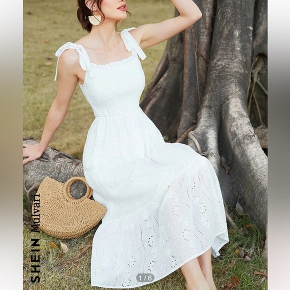SHEIN Mulvari Shirred Knot Shoulder
Ruffle Hem Schiffy MIDI Dress Size M
White - Picture 2 of 14
